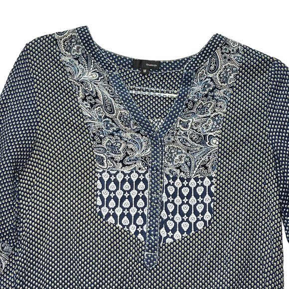 Lovposh Womens Tunic Top Dress Medium Gray V neck Batik Print 3/4 Sleeve Boho - Picture 4 of 9